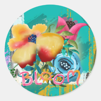 Handgeschilderde BLOOM Spring Bloemen Bloemen Ronde Sticker