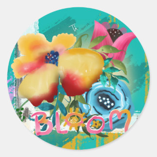 Handgeschilderde BLOOM Spring Bloemen Bloemen Ronde Sticker