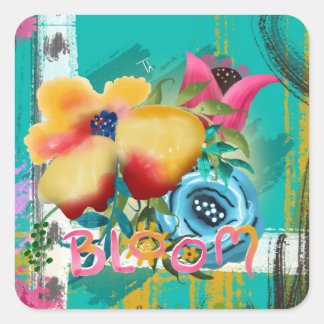 Handgeschilderde BLOOM Spring Bloemen Bloemen Vierkante Sticker