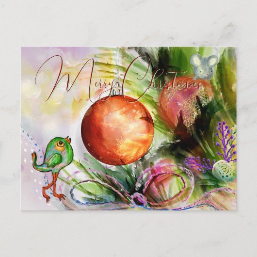 Handgeschilderde Feestvogel & Muis Briefkaart (Voorkant)