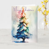 Handgeschilderde Fel Aquarel Kerstboom Kaart (Gele Bloem)