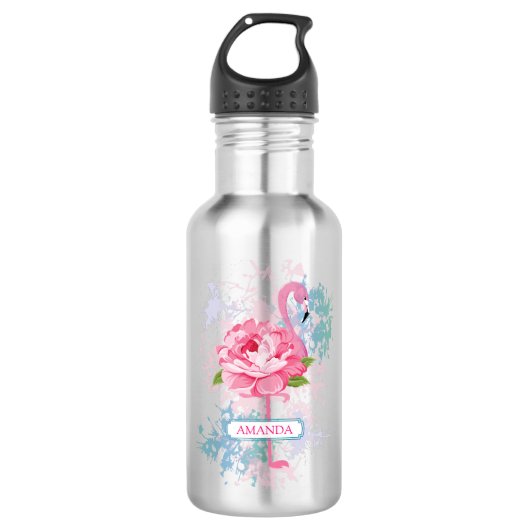 Handgeschilderde flamingo gepersonaliseerd waterfles  (Voorkant)