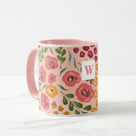 Handgeschilderde Floral Blush Roze Naam Monogram M Mok