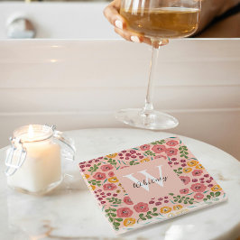 Handgeschilderde Floral Blush Roze Naam Onderzette Glazen Onderzetter