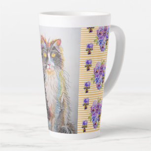 Handgeschilderde gele Tuxedo Cat floral Latte Mok