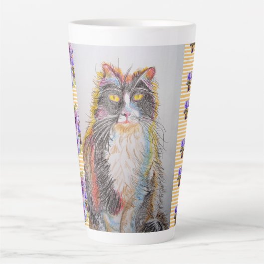 Handgeschilderde gele Tuxedo Cat floral Latte Mok (Voorkant)