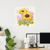 Handgeschilderde gele zonnebloemen paarse hortensi poster (Thuiskantoor)