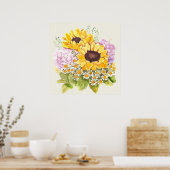 Handgeschilderde gele zonnebloemen paarse hortensi poster (Keuken)