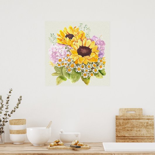 Handgeschilderde gele zonnebloemen paarse hortensi poster (Keuken)