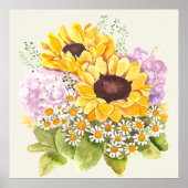 Handgeschilderde gele zonnebloemen paarse hortensi poster (Voorkant)
