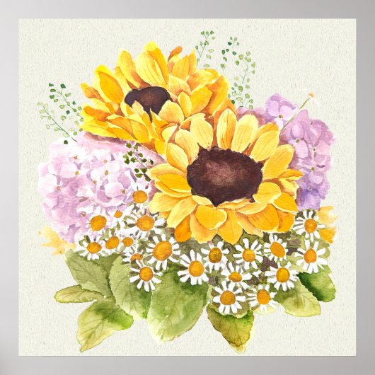 Handgeschilderde gele zonnebloemen paarse hortensi poster (Voorkant)