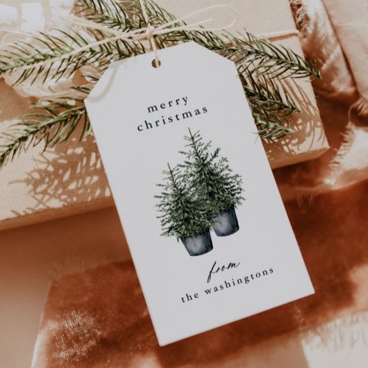 Handgeschilderde kerstbomen in potten Kerst Cadeaulabel