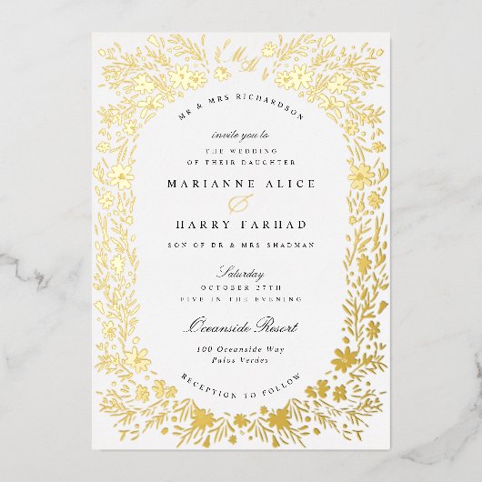 Handgeschilderde kleine bloemetjes Bloemen Lijst B Folie Uitnodiging (Voorkant)