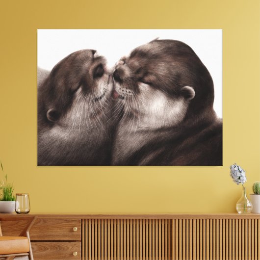Handgeschilderde otters - Tender Moment Wildlife A Canvas Afdruk (Insitu (Woonkamer))