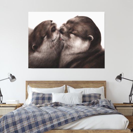 Handgeschilderde otters - Tender Moment Wildlife A Canvas Afdruk (Insitu (Slaapkamer))
