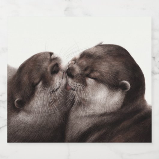 Handgeschilderde otters - Tender Moment Wildlife A Sparkling Wijnetiket (Enkel label)