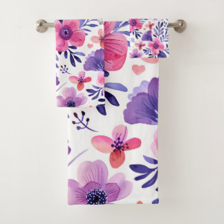 Handgeschilderde paarse bloemen bad handdoek