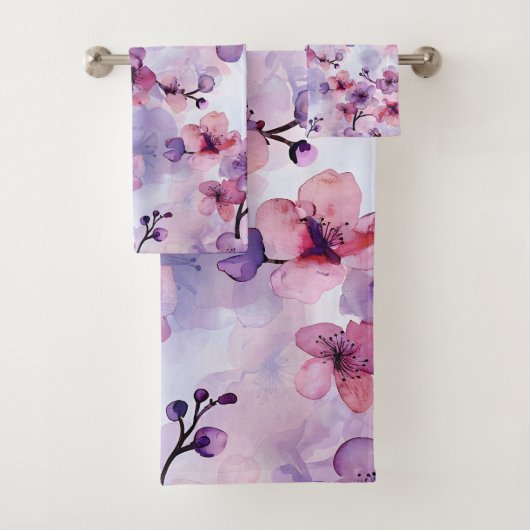 Handgeschilderde paarse bloemen kersenbloesem bad handdoek (Insitu)