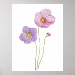Handgeschilderde paarse en roze kosmos bloemen ink poster
