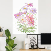 Handgeschilderde paarse en roze kosmos bloemen ink poster (Thuiskantoor)