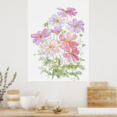 Handgeschilderde paarse en roze kosmos bloemen ink poster (Keuken)