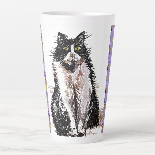 Handgeschilderde Paarse Tuxedo Cat Cats Latte Mok (Voorkant)