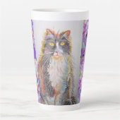 Handgeschilderde Paarse Tuxedo Cat floral Latte Mo Latte Mok (Voorkant)