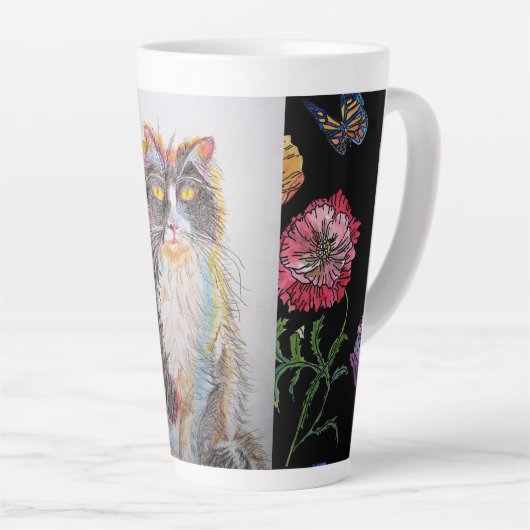 Handgeschilderde Paarse Tuxedo Cat floral Latte Mo Latte Mok (Rechterhoek)