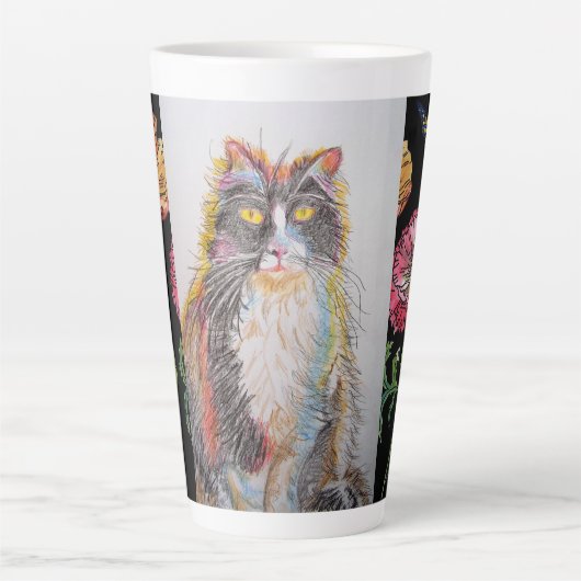 Handgeschilderde Paarse Tuxedo Cat floral Latte Mo Latte Mok (Voorkant)