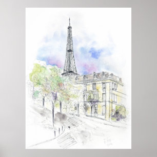 Handgeschilderde Paris Eiffel Tower straathoek ink Poster