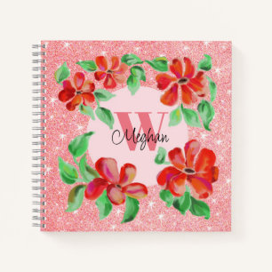 Handgeschilderde Rode Bloemen Blush Roze Glitter Notitieboek