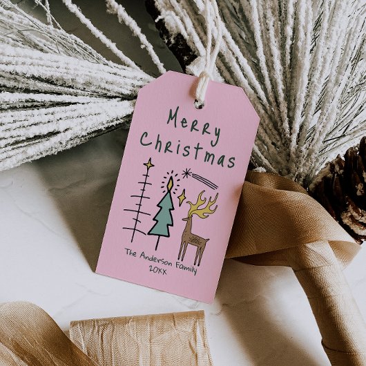 Handgeschilderde Roze Kerst Funky Bomen Rendier Cadeaulabel
