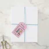 Handgeschilderde Roze Kerst Funky Bomen Rendier Cadeaulabel (Met Touw)