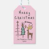 Handgeschilderde Roze Kerst Funky Bomen Rendier Cadeaulabel (Voorkant)