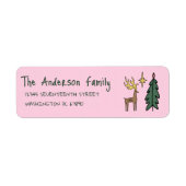Handgeschilderde roze kerstboom rendier adres etiket (Voorkant)