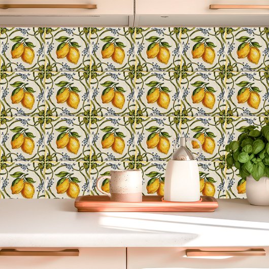 Handgeschilderde Siciliaanse citroenen en bloemenw Tegeltje