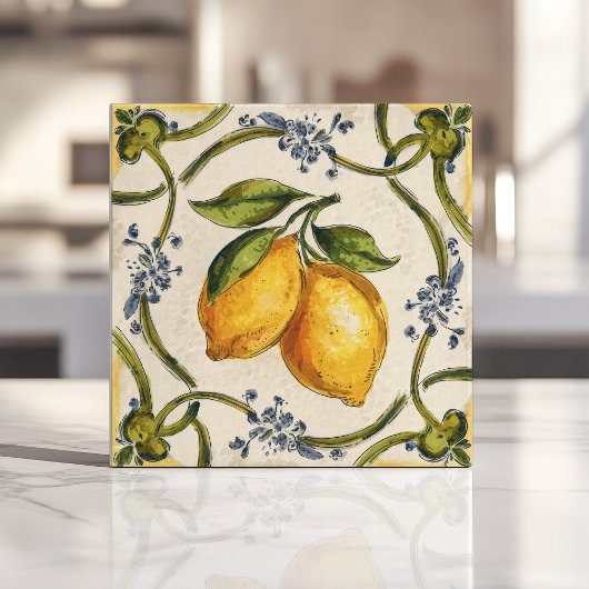 Handgeschilderde Siciliaanse citroenen en bloemenw Tegeltje