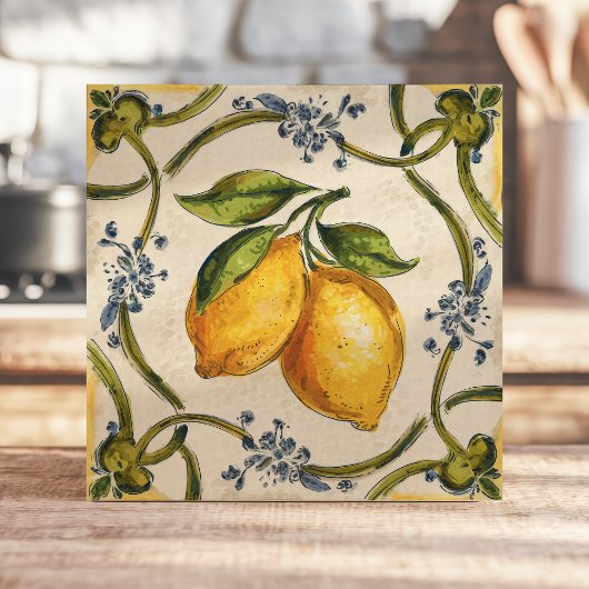 Handgeschilderde Siciliaanse citroenen en bloemenw Tegeltje