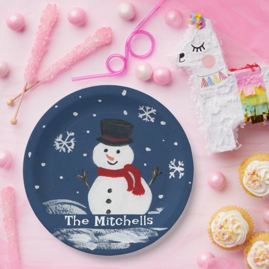 Handgeschilderde sneeuwman PERSONALISEREN Papieren Bordje (Feest)