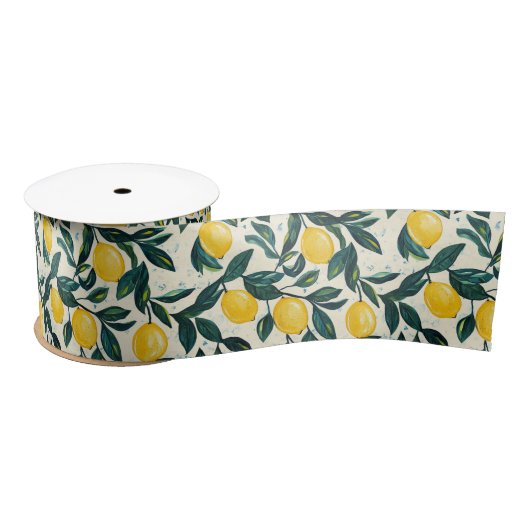 Handgeschilderde stijl Bright Yellow Lemon Pattern Satijnen Lint (Spoel)