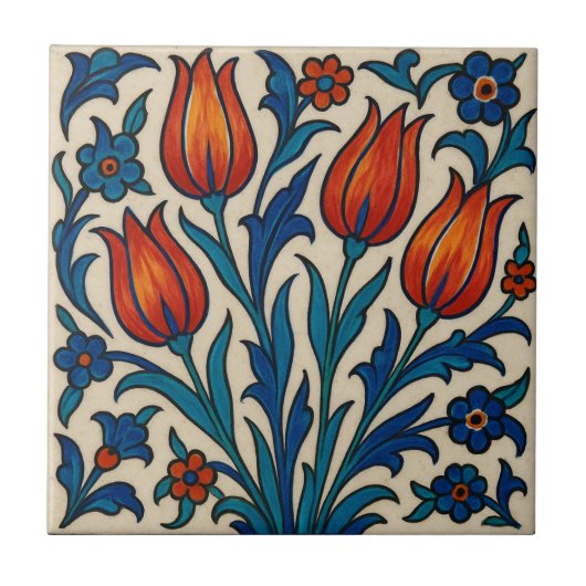 Handgeschilderde stijl Iznik Tulpen Tegeltje (Voorkant)