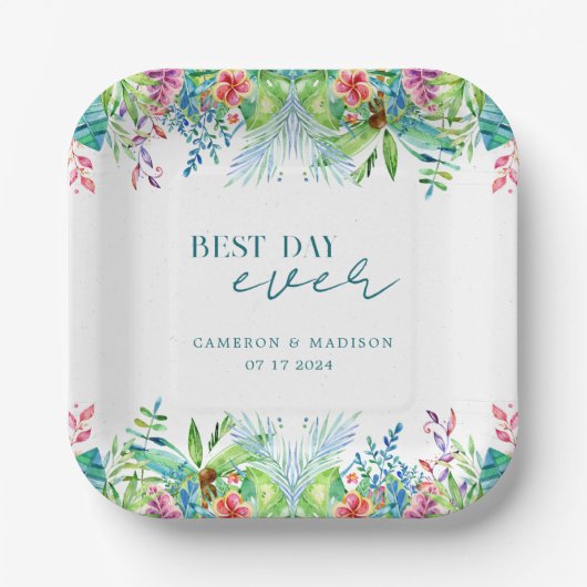 Handgeschilderde tropische bloem bruiloft papieren bordje (Voorkant)
