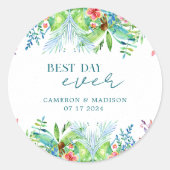 Handgeschilderde tropische bloem bruiloft ronde sticker (Voorkant)