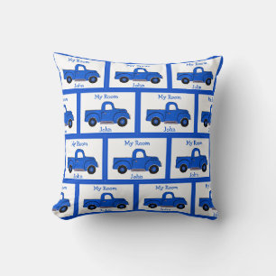 Handgeschilderde Vintage Blauwe Truck NAAM Kussen