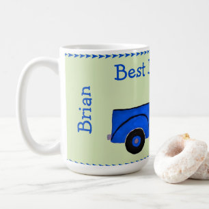 Handgeschilderde Vintage Blauwe Truck NAME Vader V Koffiemok