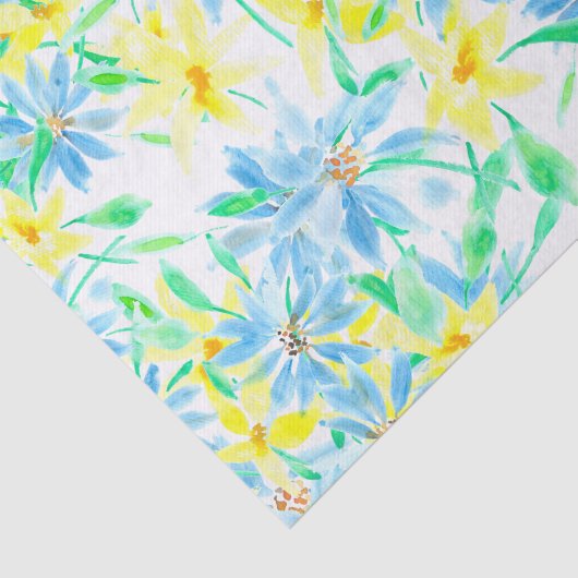 Handgeschilderde Waterverf Blauw Geel Bloemen Tissuepapier (Detail)