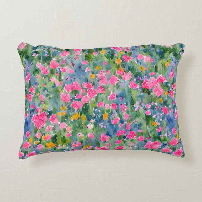 Handgeschilderde waterverf bloementuin Zomertrend Accent Kussen (Voorkant)