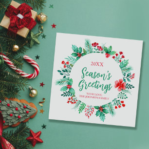 Handgeschilderde Waterverf Botanicals met Holly Feestdagenkaart