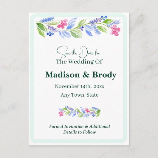 Handgeschilderde Waterverf Floral SAVE THE DATE FO Aankondigingskaart (Voorkant)