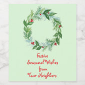 Handgeschilderde Waterverf kerstvakantie krans Wijn Etiket (Enkel label)